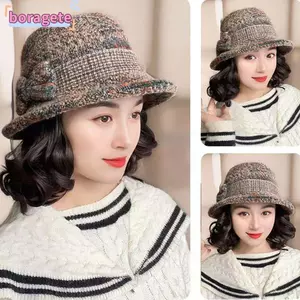Mũ ngư dân BORAGETE có tóc giả, thường ngày với mũ tóc xoăn, nơ mùa thu đông đính kèm tóc giả ấm áp Mũ ngư dân nữ