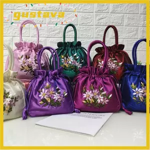 Túi đựng tay cầm hàng đầu GUSTAVA, Túi đựng điện thoại Túi xô nữ phong cách quốc gia, Túi dây rút họa tiết hoa thêu nhỏ thời trang Sử dụng hàng ngày