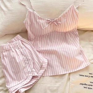 Sọc Nơ Pyjama Cho Nữ Ngọt Ngào Phong Cách Hồng Mùa Hè Áo Quần Short Loungewear Có Tích Hợp Áo Ngực Để Mặc Nhà Hàng Ngày
