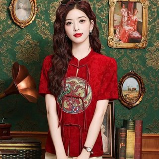 Mới Phong Cách Trung Hoa Retro Phong Cách Trung Hoa Khóa Thêu Decal Áo Thun Nữ 2026 Tính Khí Mỏng Hơn Nhìn Giảm Tuổi Đỏ Áo Sơ Mi Nhỏ