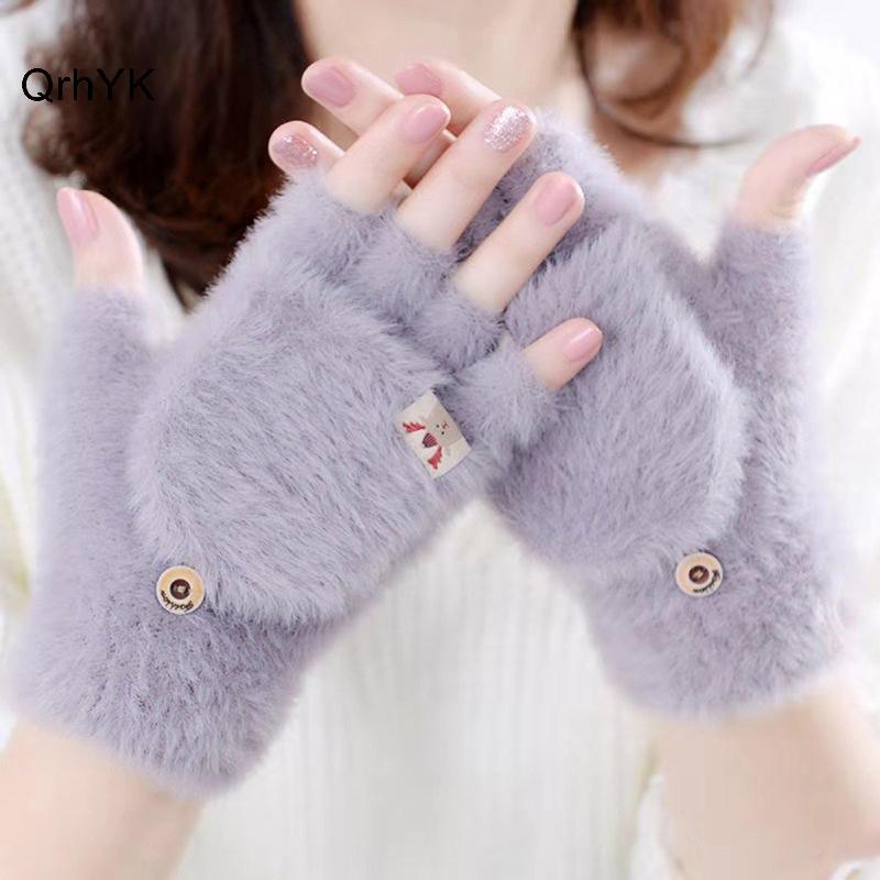 Thời Trang Nhà Máy Mùa Đông Nữ Găng Tay Lật Nửa Ngón Sinh Viên Cô Gái Dễ Thương Hoạt Hình Warmfortable Mềm Mại Phong Cách Thi Đan Găng Tay QrhYK