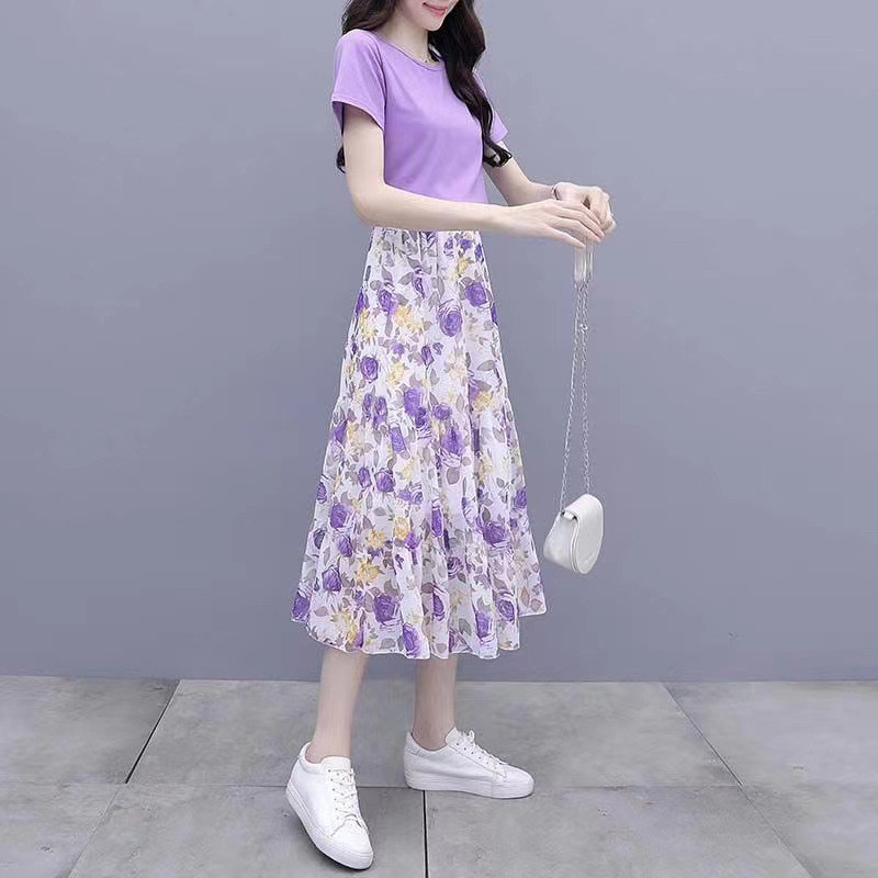 Set Áo Thun Tím Phối Chân Váy Hoa Nhí - Bộ Áo Phông Chân Váy Voan kiểu Hàn Quốc, thanh lịch, tôn dáng