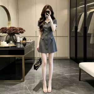 Tai Mùa Hè Đi Lại Thiết Kế Cảm Thấy Màu Xám Giả Hai Mảnh Sọc Nữ Váy Chữ A Hẹp Tính Khí Mỏng Hơn Nhìn S