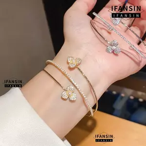 Vòng tay mở IFASIN, Vòng tay hoa có thể điều chỉnh bằng đồng, Vòng đeo tay Zirconia Micro-Set nhiều lớp