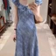 Váy cà vạt ngắn tay màu xanh cho nữ, váy giảm béo