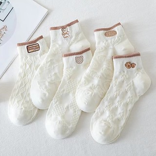 Combo 5 đôi tất ren cổ ngắn kèm hoạ tiết đơn giản - Nâu