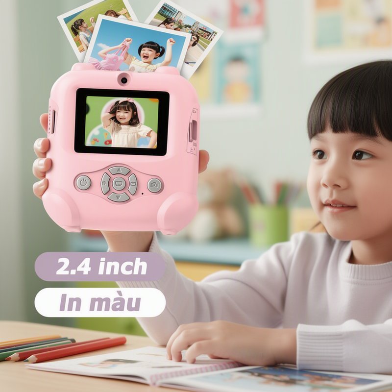 Máy Ảnh In Liền Cho Bé Camera Trẻ 48MP In Ảnh Màu Quay Video 1080P Kép Ống Kính Màn Hình Cảm Ứng