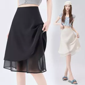 Mùa hè 2026 Acetate Satin Váy nửa chiều dài nữ Lưới khâu eo cao Drap chữ A nửa váy bao phủ đáy sâu hơn Nhìn đi lại Hẹn hò Tempera