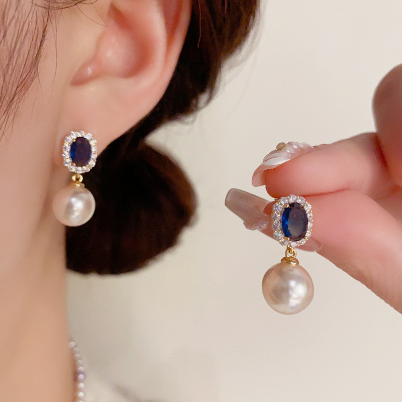 Bông tai ngọc trai đá quý xanh phong cách Pháp