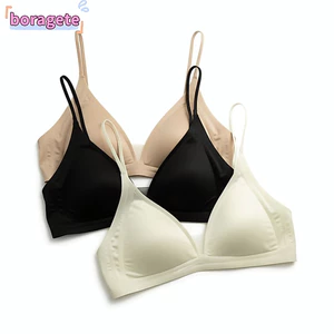 BORAGETE Áo ngực cổ chữ V sâu kiểu Pháp, Áo ngực liền mạch không dây Satin sữa, Phong cách Pháp Hỗ trợ mềm mại Thiết kế không lưng Giảm béo Phù hợp với áo ngực cốc tam giác Trang phục mùa hè