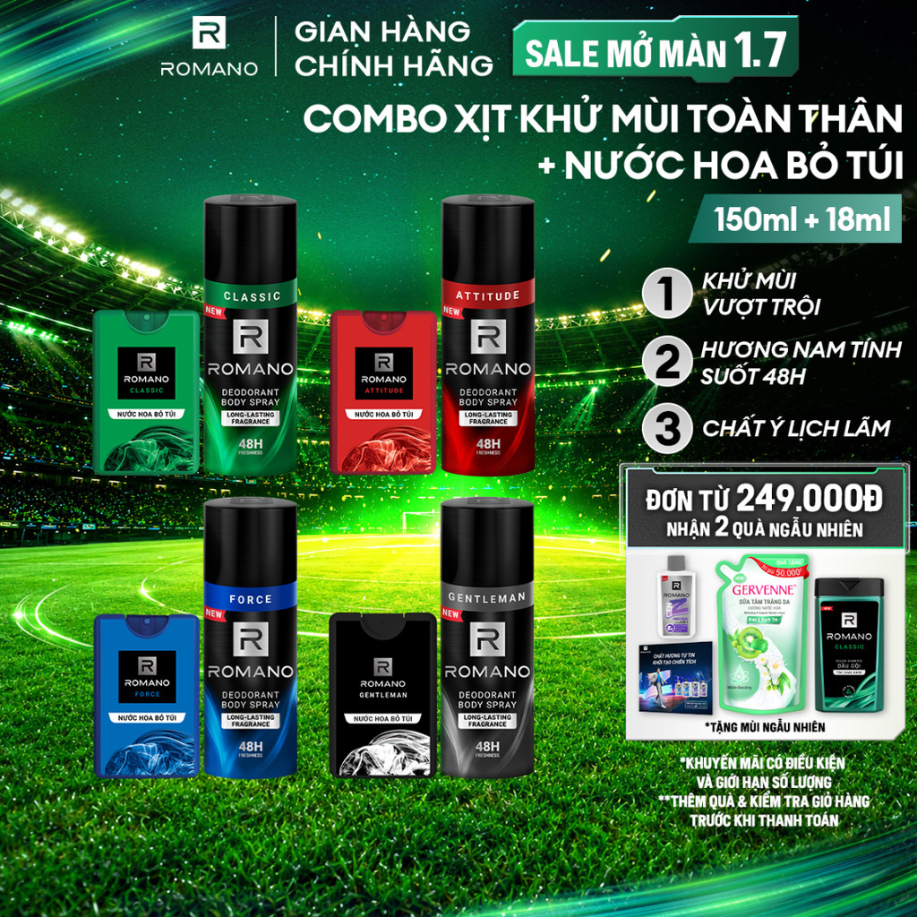 Combo Xịt toàn thân Romano 150ml + Nước hoa nam bỏ túi 18ml