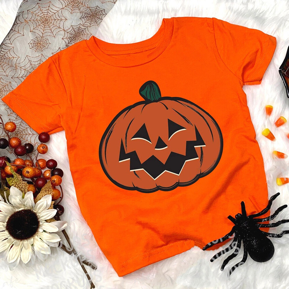 Áo thun ngắn tay in họa tiết bí ngô Halloween cho trẻ em 2-14 tuổi