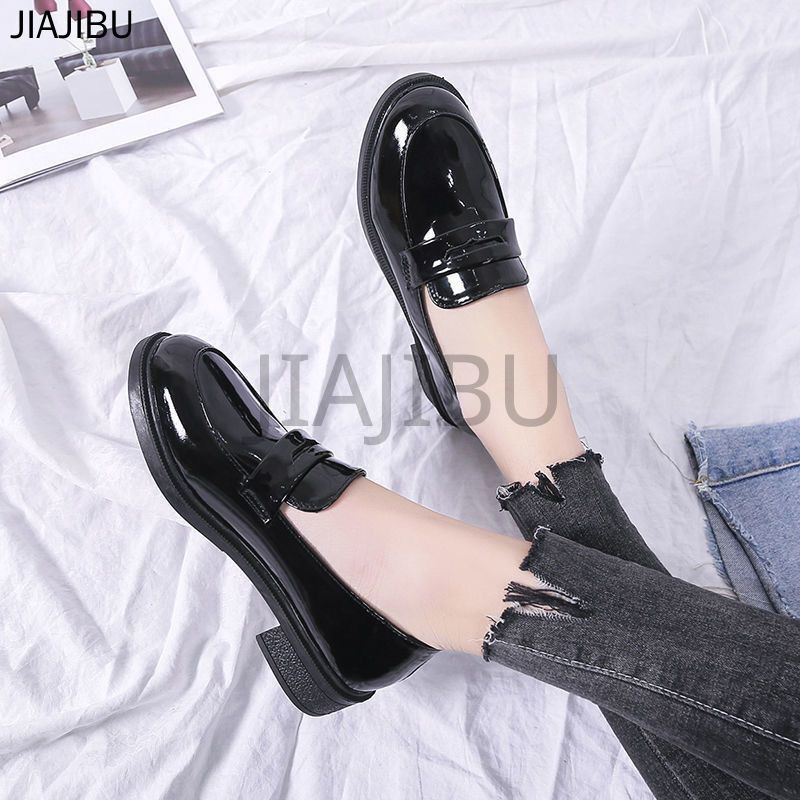 Size 34-44 Giày Lười Đế Dày Màu Đen Mũi Tròn Chống Trượt Thời Trang Hàn Quốc Dành Cho Nữ Cỡ Lớn Thường Ngày 43 Giày Da Mary Jane Đế Dày Cổ Điển, Màu Lì/bóng, Phong Cách Trường Học Anh Dành Cho Học Sinh 42 Giày Thuyền Cosplay Lolita Đồng Phục JK Nhật Bản