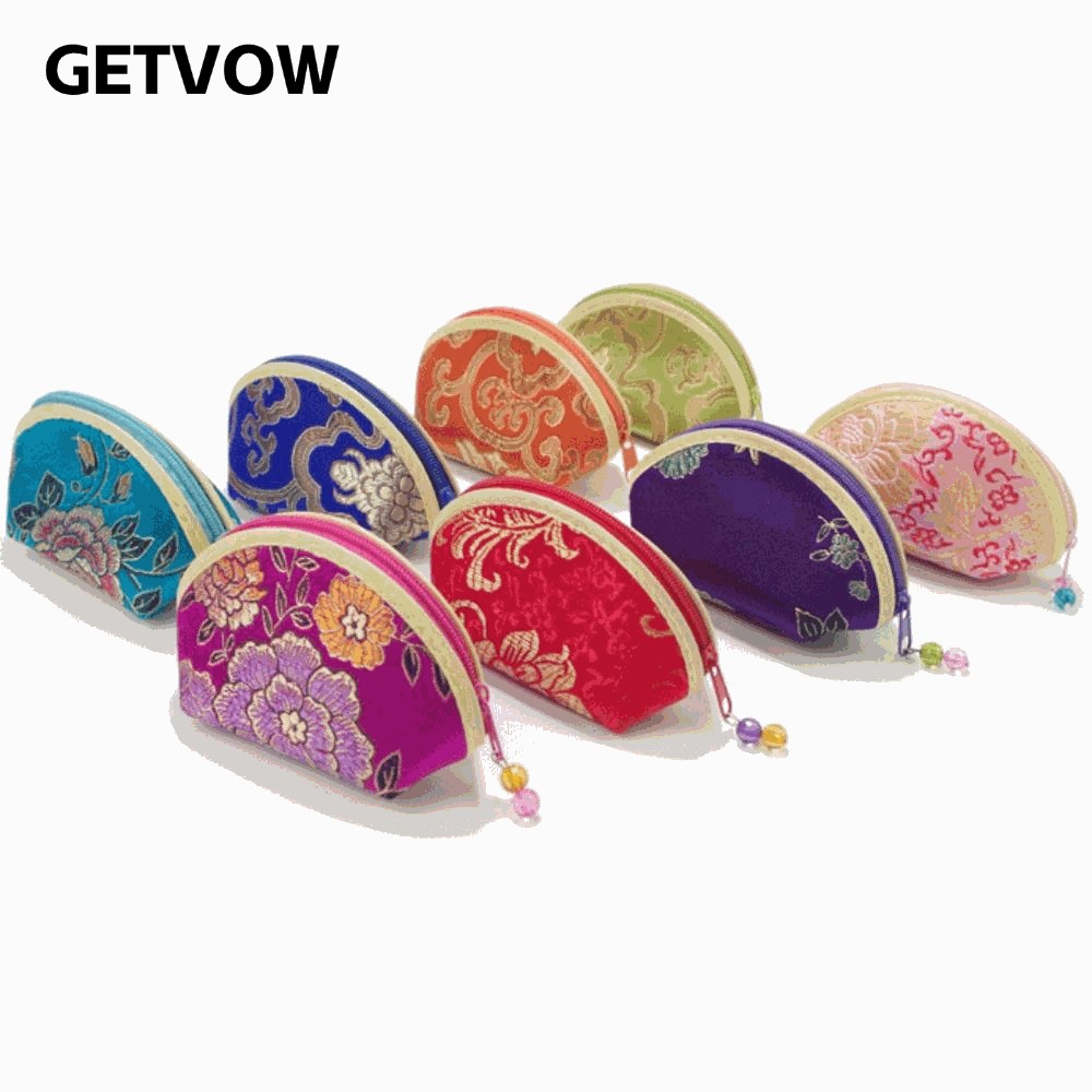 Túi đựng tiền xu GETVOW, Túi đựng đồ trang sức có dây kéo tinh tế kiểu Trung Quốc, Túi đựng đồ trang sức bằng vải lụa nhỏ dành cho nữ