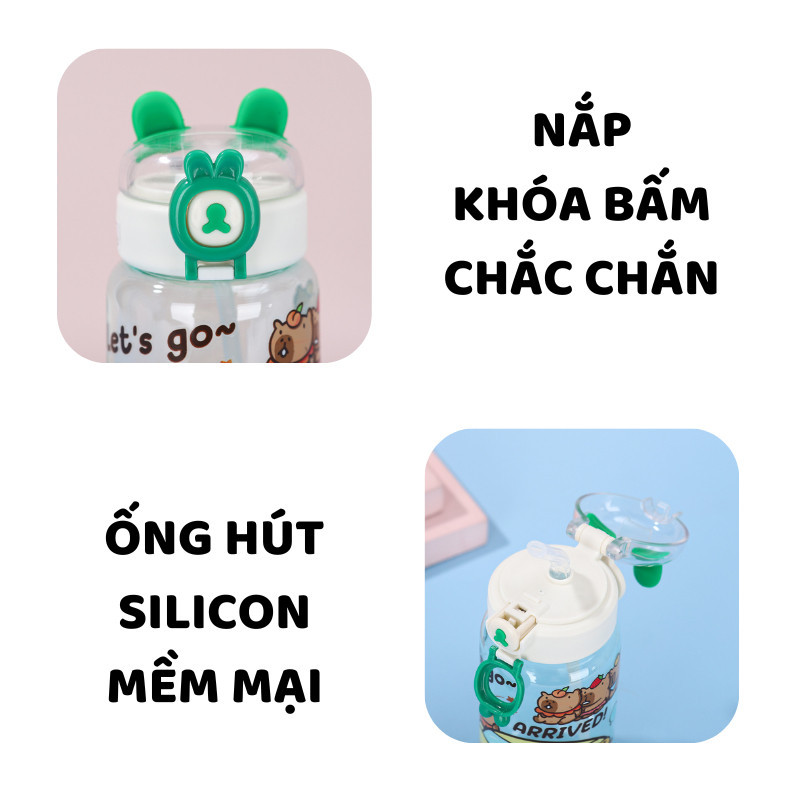 Bình đựng nước CAPYBARA 500ml cho bé, bình nước cute đi học cho bé trai và bé gái