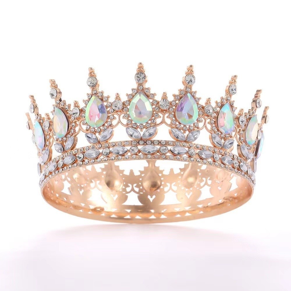 GOJO Baroque Vương miện trang trí, Vương miện cô dâu sang trọng bằng kim cương giả, Trang trí bánh kim loại Mũ đội đầu Nữ hoàng lấp lánh Công chúa Tiara Đồ dùng dự tiệc cưới
