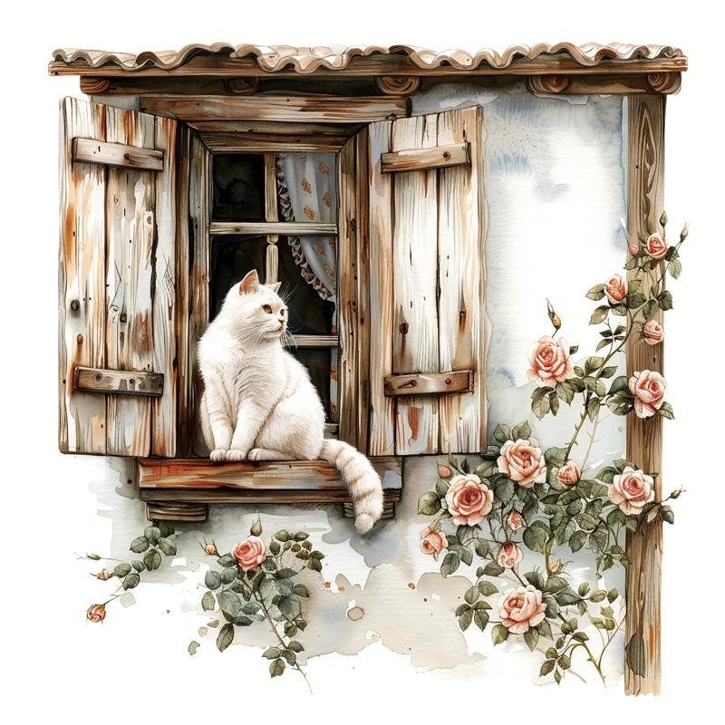 Dán Tường Mèo Windowsill - Hoa Hồng & Đề Can Cửa Sổ Giả Cho Phòng Khách Sofa Nền Tường & Trang Trí Phòng Trẻ Em