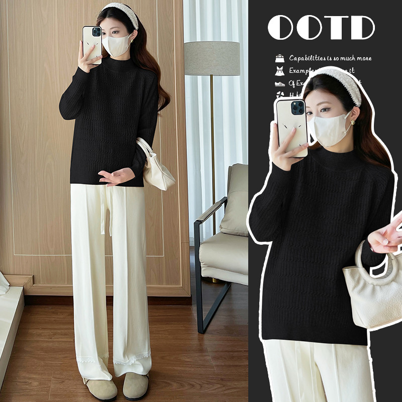 Bộ đồ bà bầu thu đông, áo len nửa cổ rùa và quần ống rộng