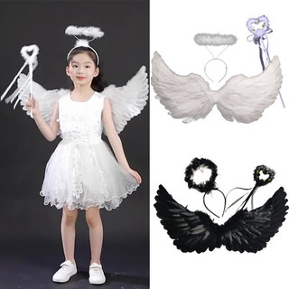 Trang phục thiên thần trẻ em với đôi cánh lông vũ Halo và cây đũa phép cổ tích cho Giáng sinh Halloween