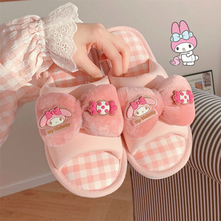 XIXITIAO Vải Lanh Cotton Dép Nữ Sanrio Sáng Tạo Kẻ Sọc Phẳng Nhà Thoải Mái Nhẹ Bốn Mùa Đa Năng