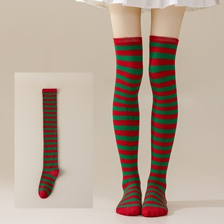 『Brelira』Tất sọc Giáng sinh dáng dài cho nữ dịp Halloween Tất cao mềm mại co giãn thoải mái