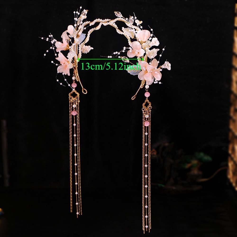WEETW Băng Đô Quấn Tóc Cổ, Vương Miện Hạt Hanfu Tua Rua Tóc, Hoa Tinh Tế Hợp Kim Pha Lê Lắc lư Cổ Tích Mũ Sườn Xám