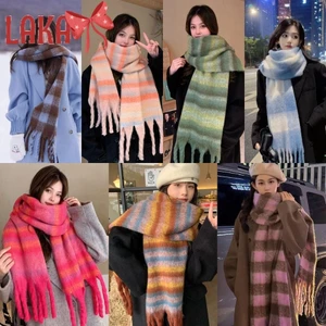 Khăn quàng cổ tua dài LAKA, Khăn choàng Cashmere mùa đông họa tiết sọc ấm áp, Khăn choàng dày mềm mại kẻ sọc Mohair Quấn nữ