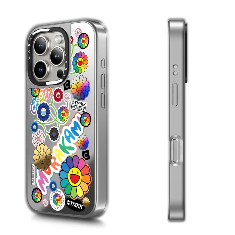 TAKASHI MURAKAMI x CASECASE: HOA BLOOM FLOWERS STICKER MANIA Gương đen & bạc Vỏ iPhone hút từ tính cho iPhone 17 Air 16 15 14 13 12 Pro Max Plus logo khắc