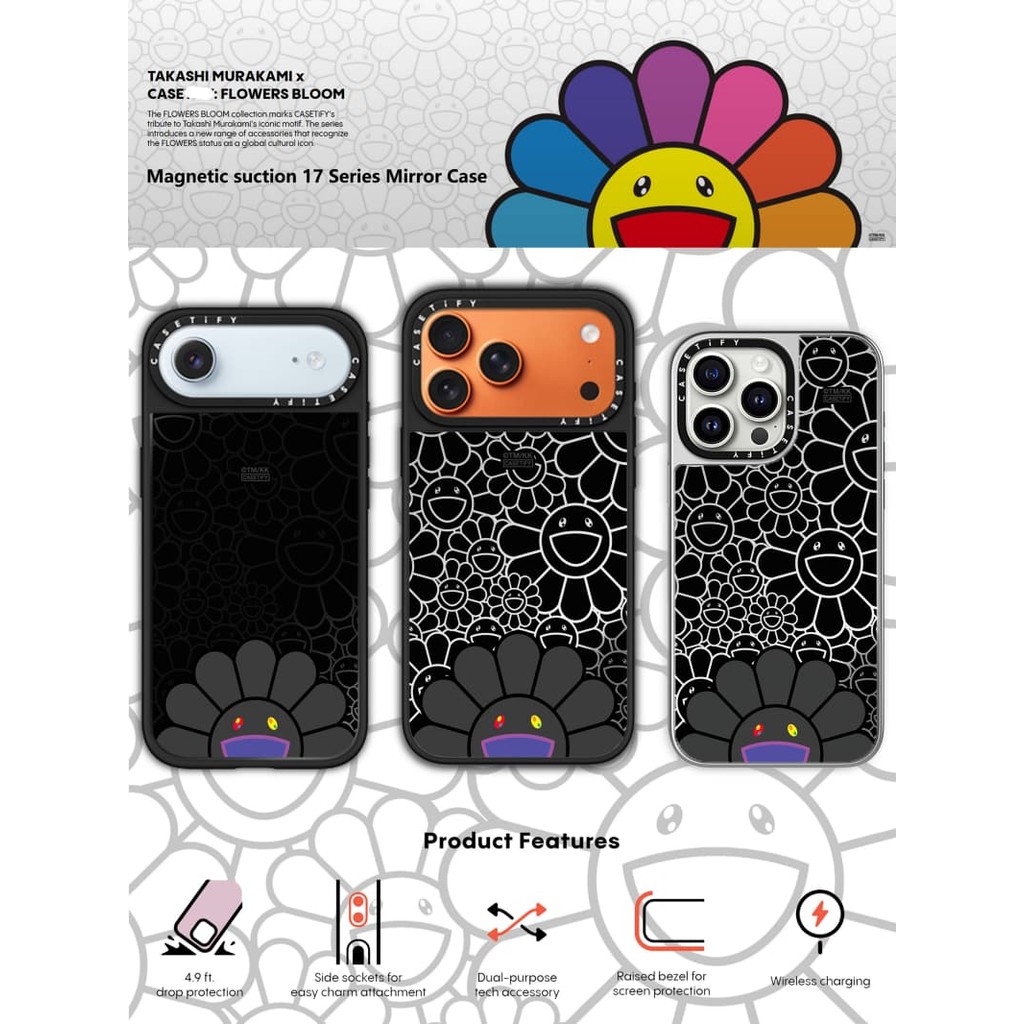 TAKASHI MURAKAMI x CASECASE: FLOWERS BLOOM SMILE (ĐEN) Gương đen & bạc Vỏ iPhone hút từ tính cho iPhone 17 Air 16 15 14 13 12 Pro Max Plus logo khắc
