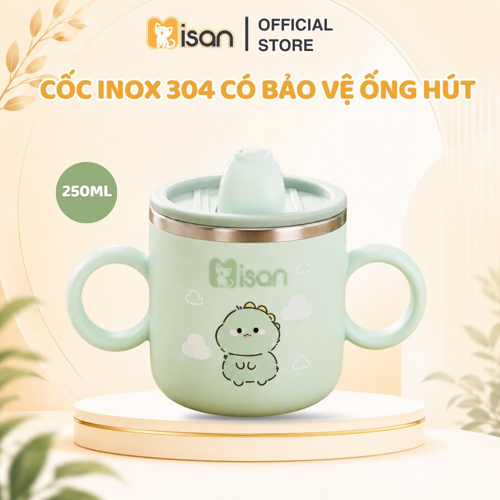 Cốc tập hút inox 304 cho bé MISAN 280ml chống tràn giữ nhiệt, bình uống nước ống hút silicon mềm từ 6 tháng