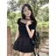 Thiết kế Sense Gạc Khâu cổ vuông Áo thun ngắn tay nữ mùa hè Phong cách mới Hot Girl Gợi cảm xếp li ngắn