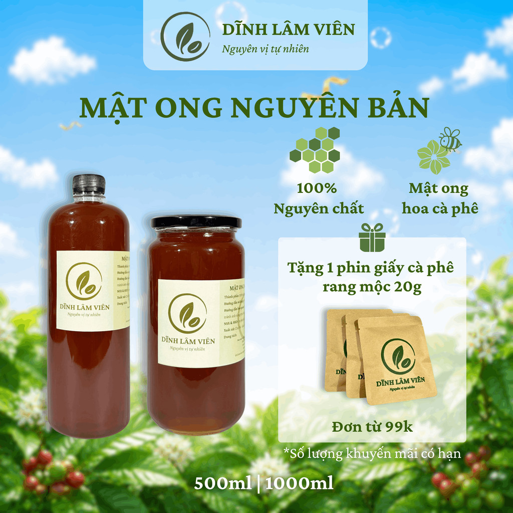 Mật ong hoa cà phê Gia Lai nguyên bản nguyên chất 500-1000ml | Dĩnh Lâm Viên