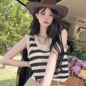 Áo yếm dệt kim sọc rỗng dành cho nữ mặc ngoài mùa hè Áo không tay nhiều lớp kiểu Pháp