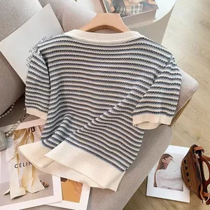 Áo Cardigan Dệt Kim Mỏng Nữ Tay Ngắn Sang Trọng Áo Chui Đầu Sọc Ngắn Phong Cách Thời Trang Phù Hợp Với Top 6.23