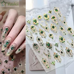 Nhãn dán móng tay YUUKII 5D, Móng tay vương trượng Baroque màu ngọc lục bảo sáng bóng, Phong cách Thiết kế sang trọng Vàng Scepter Đỏ Xanh Đá quý Giả Đá quý Móng tay Phong cách lịch sự