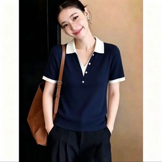 Phong Cách Hàn Quốc Đi Lại Cổ POLO Xanh Hải Quân Dệt Kim Tay Ngắn Nữ Mùa Hè Tính Khí Mỏng Phong Cách Khâu Áo Thun Top