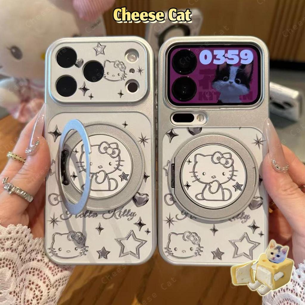 Ốp Điện Thoại Da Kitty Dây Bạc Có Chân Đế Xoay Bằng Kim Loại Cho iPhone 16 17 13 14 15 Plus 12 11 Pro Max Xs XR