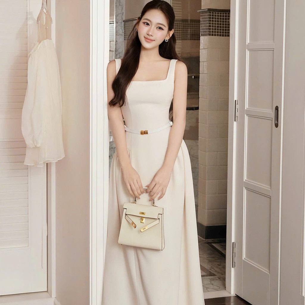 Đầm midi Khiết trắng kem thiết kế cổ vuông thanh lịch đi kèm belt da sang trọng KD449B