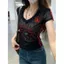 Mùa hè Phong cách mới kiểu Mỹ Retro Slim-fit Slimer Look Thời trang Cổ chữ V Áo thun ngắn tay thêu ren trong suốt hơi