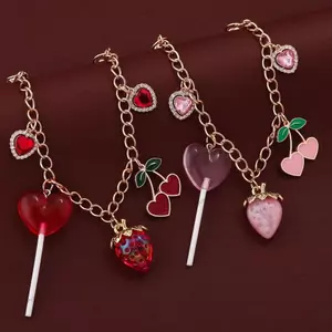 PYCOU Love Cherry Móc Khóa, Dây Xích Vàng Mở Rộng Túi Dây Xích Mặt Dây Chuyền, Phụ Kiện Trang Sức Màu Hồng Pha Lê Lollipop Hình Túi Quyến Rũ