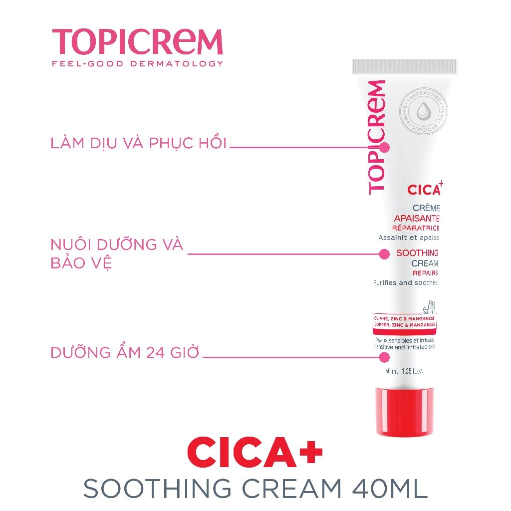Kem dưỡng phục hồi và làm êm dịu da TOPICREM CICA+ SOOTHING CREAM 40ML