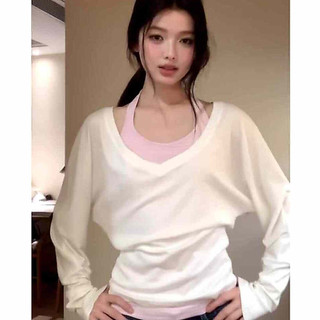 Áo thun nữ retro Hàn Quốc màu hồng dây cổ, tay dài, dáng slim-fit phù hợp cho mùa xuân