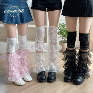 CATMALLER88 Dụng cụ làm ấm chân xù, Dụng cụ làm ấm chân ren vừa vặn thoải mái, Dụng cụ làm ấm chân ren thời trang Harajuku Khâu tinh tế nhiều lớp Tất xếp chồng lên nhau co giãn mềm mại dành cho nữ Cô gái