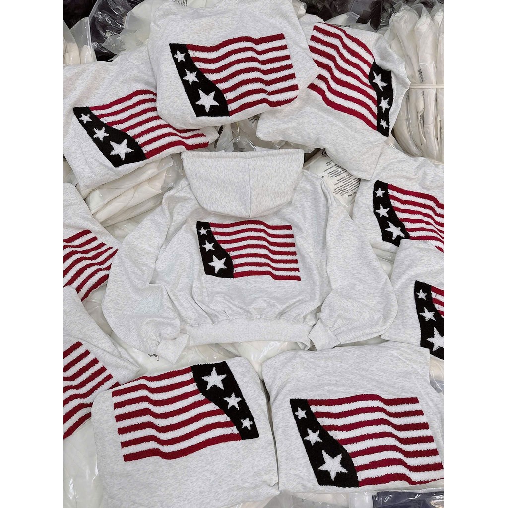Áo khoác nỉ hoodie unisex rộng form, nhiều màu sắc nam nữ, tay phồng, thiết kế lá cờ Mỹ.