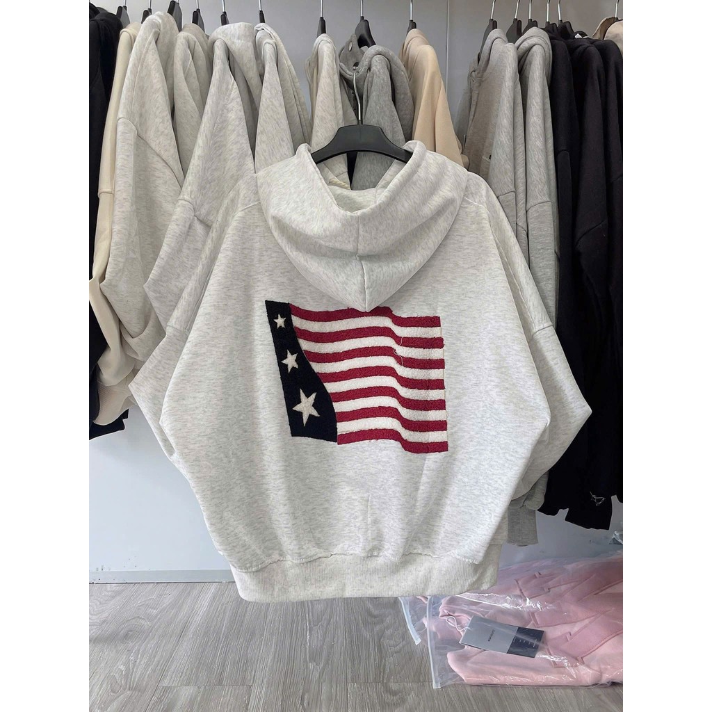 Áo khoác nỉ hoodie unisex rộng form, nhiều màu sắc nam nữ, tay phồng, thiết kế lá cờ Mỹ thoitrangthubio