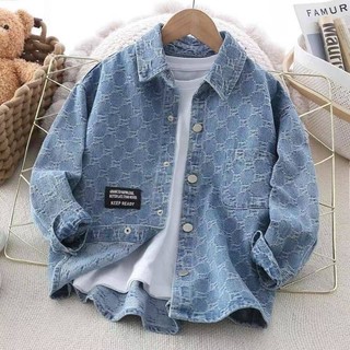 Trẻ Em Trẻ Em Áo Sơ Mi Denim Bé Trai 2025 Xuân Thu Áo Sơ Mi Phong Cách Mới Jacquard Thường Ngày Phù Hợp Với Trung Nhỏ Trẻ Em Bé Trai Bé Tay Dài