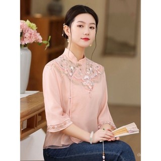 Top ngắn nữ phong cách Trung Hoa cải tiến, chất liệu organza sườn xám, thời thượng cho mùa xuân