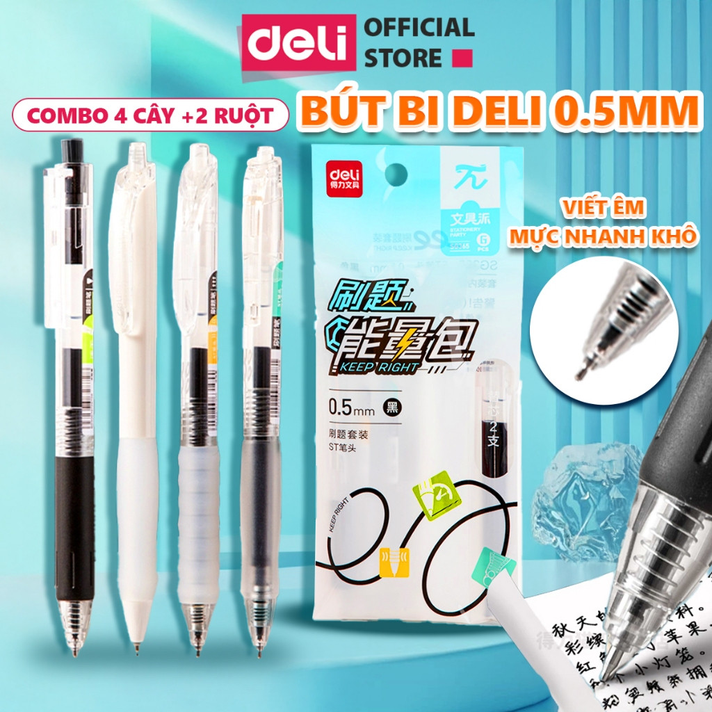 [SET 6] Combo Bút Gel Deli Ngòi ST 0.5mm Mực Đen Nhanh Khô Viết Trơn Tru Mực Ra Đều Có Thể Thay Ngòi