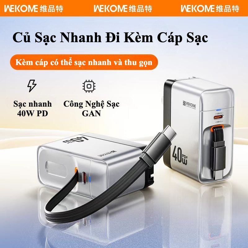 Củ Sạc nhanh GaN 40W - Hãng WEKOME- kèm dây rút – Type C dài 82cm - Sạc nhanh PD - Bảo hành 6 tháng