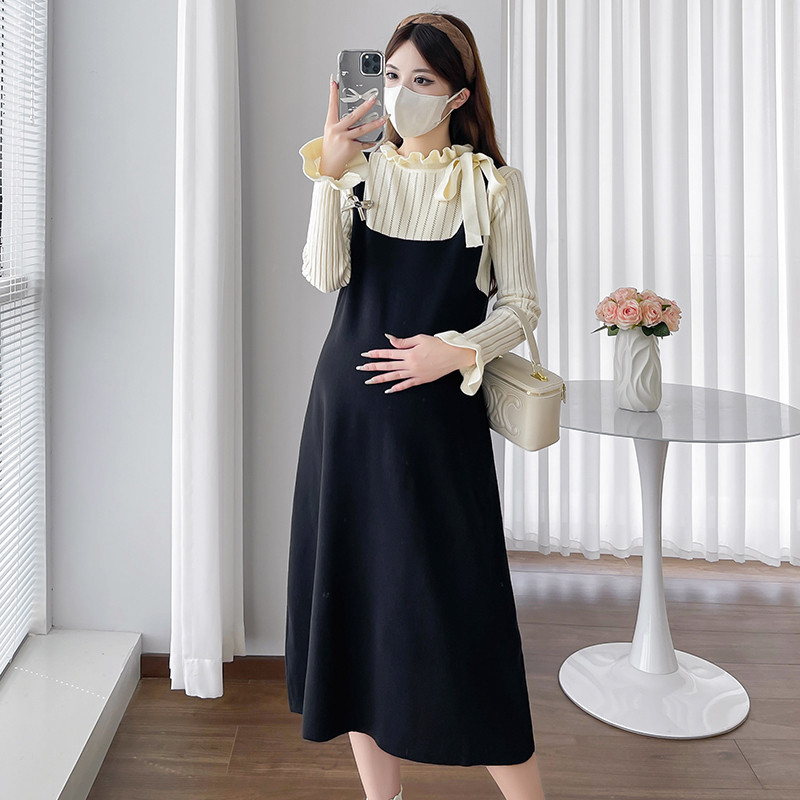 Trang phục bà bầu mùa thu đông Váy dệt kim hai mảnh giả